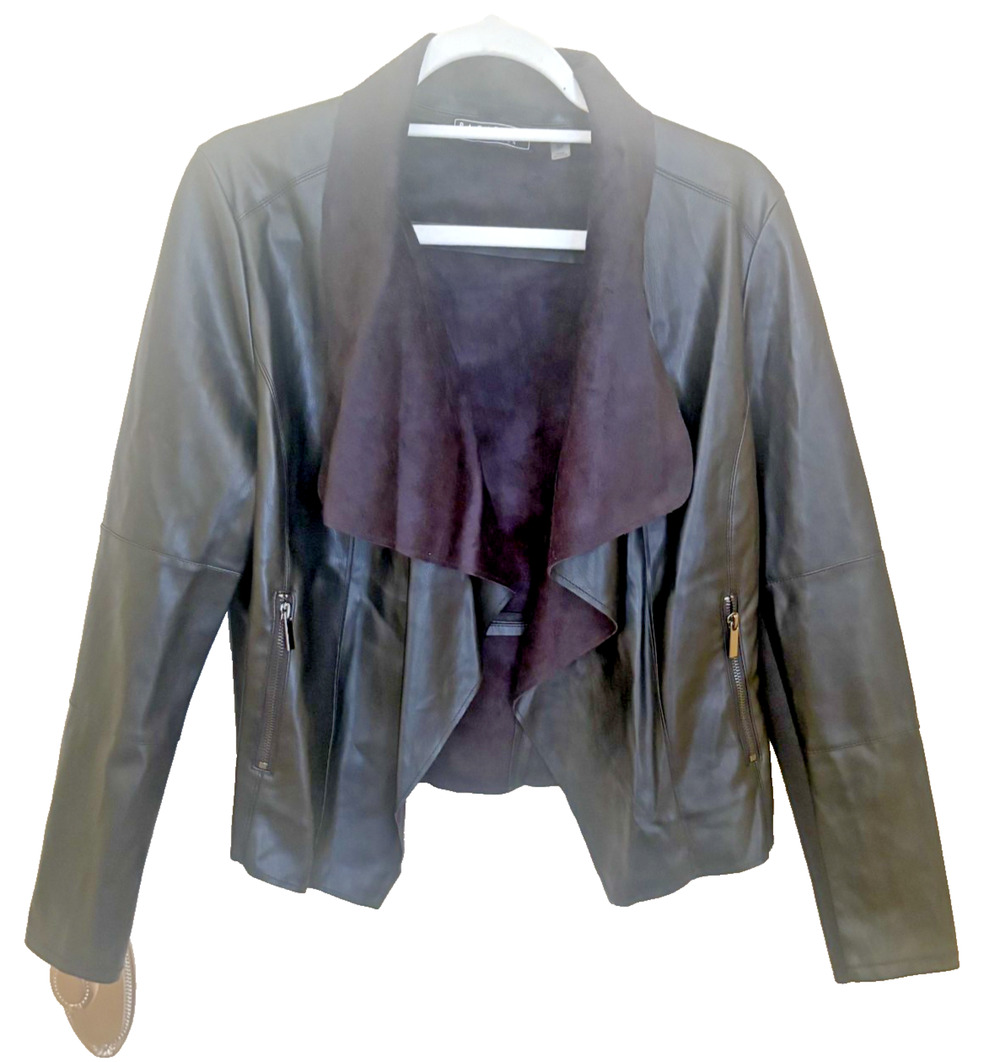 Black Faux Suede Short Jacket Draped Open Front Zip Pockets Bagatelle Medium
